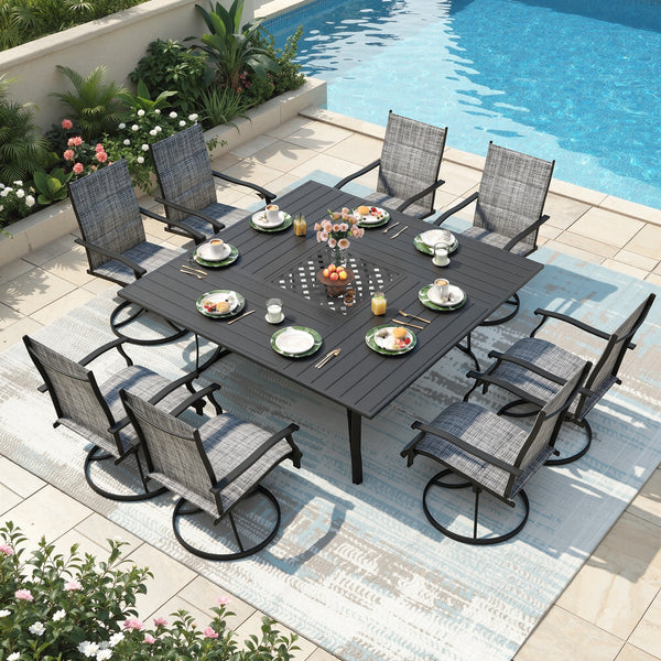 Richryce 9-Piece Outdoor Patio Dining Set, Metal Table with Umbrella Hole, 8-Person Square Patio Table and 8 Swivel Chairs for Garden