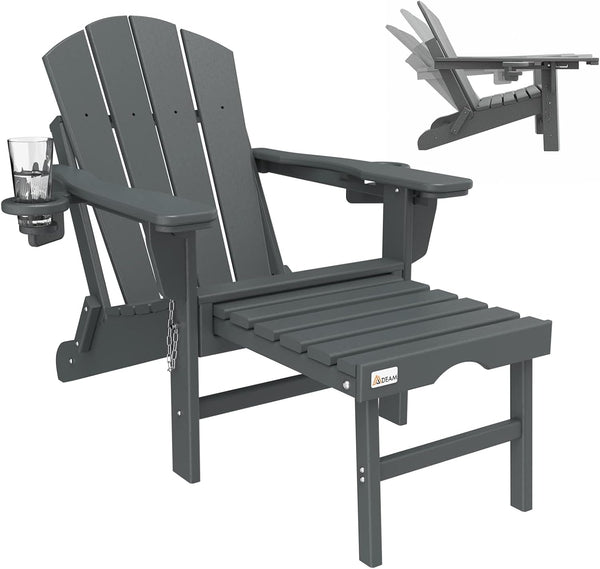 Richryce 3-Level Adjustable Adirondack Chair with Retractable Ottoman, HDPE All-Weather Folding Fire Pit Chair with 2 Cup Holders, Outdoor Chair for Deck Patio Garden Backyard Lawn