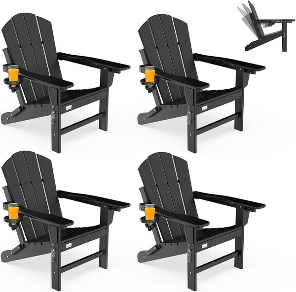 Richryce 3-Level Adjustable Adirondack Chair Set of 4, Wooden Textured, HDPE All-Weather Folding Fire Pit Chair with Cup Holder, Outdoor Chair for Poolside Deck Patio Garden Backyard Campfire
