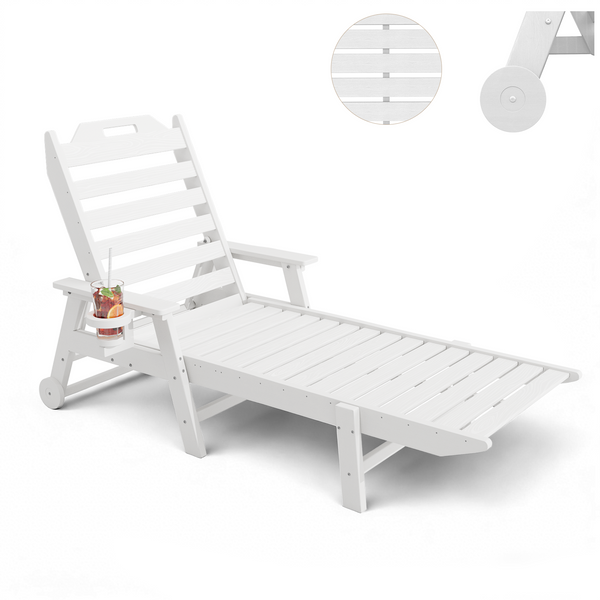Richryce Lounge Chair Outdoor 22" W Oversized Chaise Lounge Chair with 6 Positions 500LBS Capacity HDPE All-Weather Patio Lounge Chair with Wheels and Cup Holder for Deck Poolside Backyard