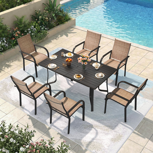 Richryce 7-Piece Outdoor Patio Dining Set - 6 Stackable Texlin Sling Chairs & 63" Table, Low-Maintenance Furniture for Garden, Includes Umbrella Hole