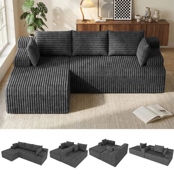 SOBREMESA Boneless Sectional Couch with Deep Seat & Chaise for Small Spaces, for Living Room, L Shaped Couch with Left Facing Chaise, Black | no assembly required, Plush Corduroy, 5*throw pillows