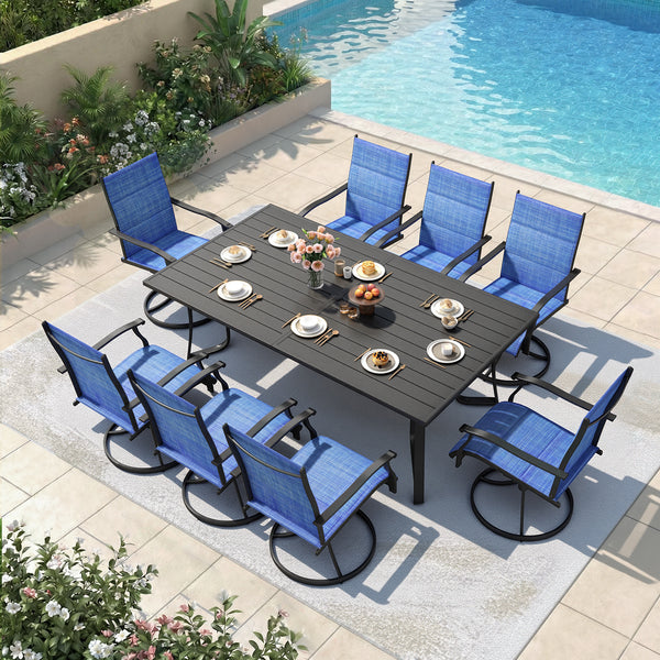 Richryce 9-Piece Outdoor Patio Dining Set, Metal Table with Umbrella Hole, 8-Person Patio Table and 8 Swivel Chairs for Garden