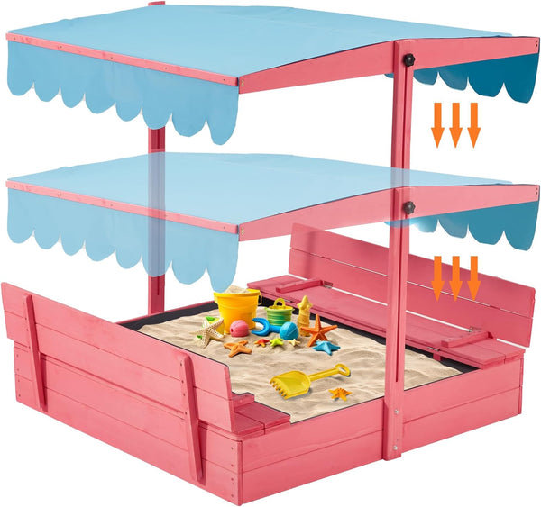 Richryce Kids Wooden Sandbox Outdoor w/ 2 Foldable Bench Seats, Height Adjustable Canopy Roof, White