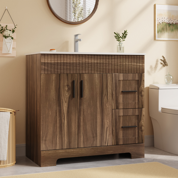 Richryce 36 Inch Bathroom Vanity with Ceramic Sink, Wooden Bathroom Sink Vanity with a Door & 2 Drawers, Freestanding Bathroom Sink Cabinet