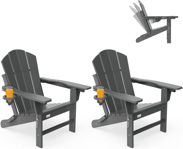Richryce 3-Level Adjustable Adirondack Chair Set of 2, Wooden Textured, HDPE All-Weather Folding Fire Pit Chair with Cup Holder, Outdoor Chair for Beach Deck Patio Garden Backyard Campfire