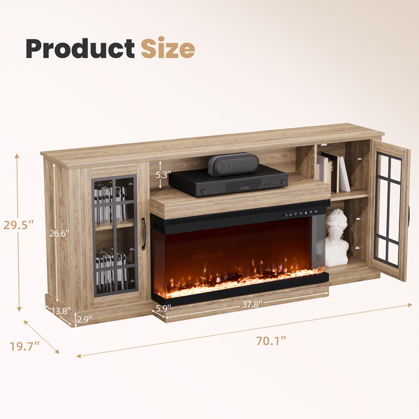 MELLCOM 70" 3 Sided Glass Fireplace TV Stand, Modern Media Console with Storage Side Cabinet, Fits TVs up to 80", Electric Fireplace TV Stand，Walnut Color