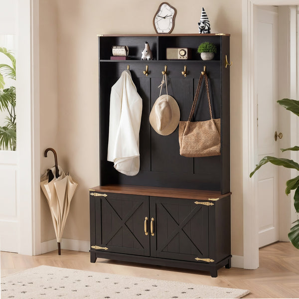 SOBREMESA 38" Farmhouse Hall Tree with Bench, 7 Hooks, Shoe Storage, 2 Open Compartments, Adjustable Shelf & Barn Door