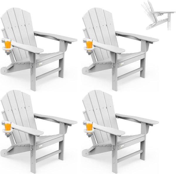 Richryce 3-Level Adjustable Adirondack Chair Set of 4, Wooden Textured, HDPE All-Weather Folding Fire Pit Chair with Cup Holder, Outdoor Chair for Poolside Deck Patio Garden Backyard Campfire