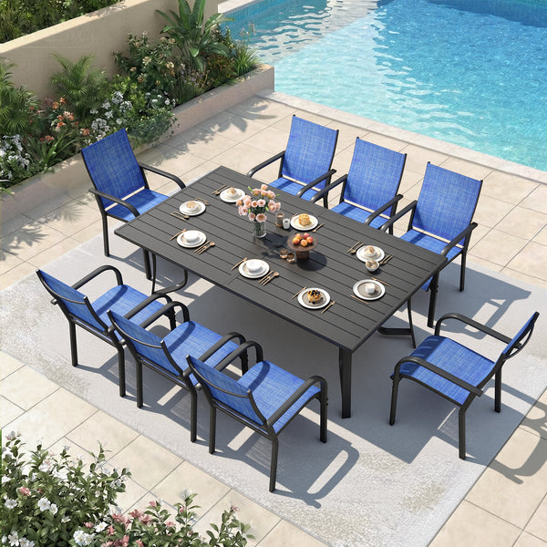 Richryce 9-Piece Outdoor Patio Dining Set with 8 Stackable Dining Chairs, Metal Table with Umbrella Hole, 8-Person Patio Table and Chairs for Backyard,