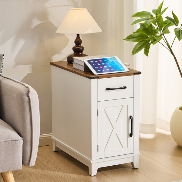 SOBREMESA Farmhouse End Table with Charging Station, Narrow Side Table for Living Room, Nightstand with Drawer and Storage Cabinet, Adjustable Shelf