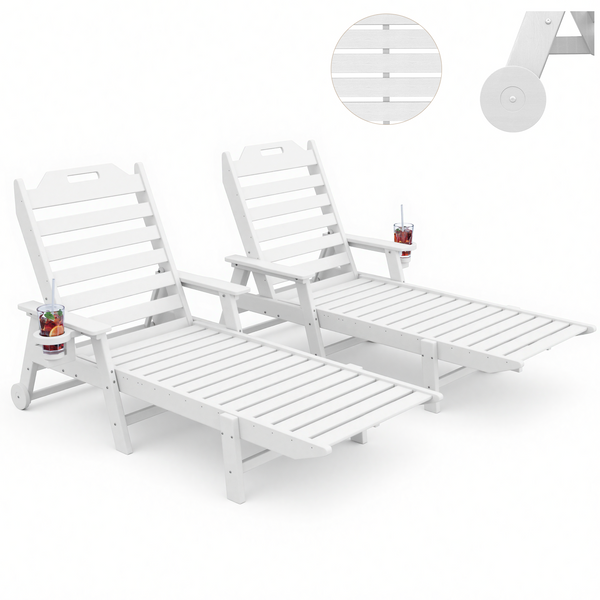Richryce Lounge Chairs Outdoor Set of 2 24" W Oversized Chaise Lounge Chair with 6 Positions 500LBS Capacity HDPE All-Weather Patio Lounge Chair with Wheels and Cup Holder for Deck Poolside