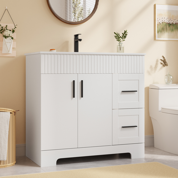 Richryce 36 Inch Bathroom Vanity with Ceramic Sink, Wooden Bathroom Sink Vanity with a Door & 2 Drawers, Freestanding Bathroom Sink Cabinet