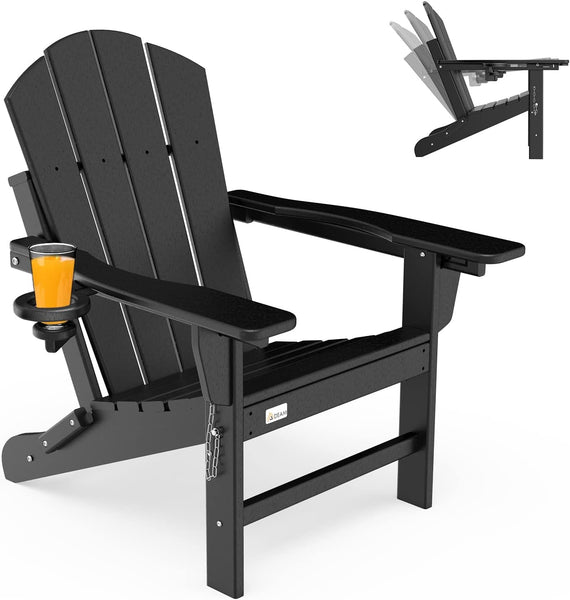 Richryce 3-Level Adjustable Adirondack Chair, Wooden Textured, HDPE All-Weather Folding Fire Pit Chair with Cup Holder, Outdoor Chair for Poolside Deck Patio Garden Backyard Lawn Campfire