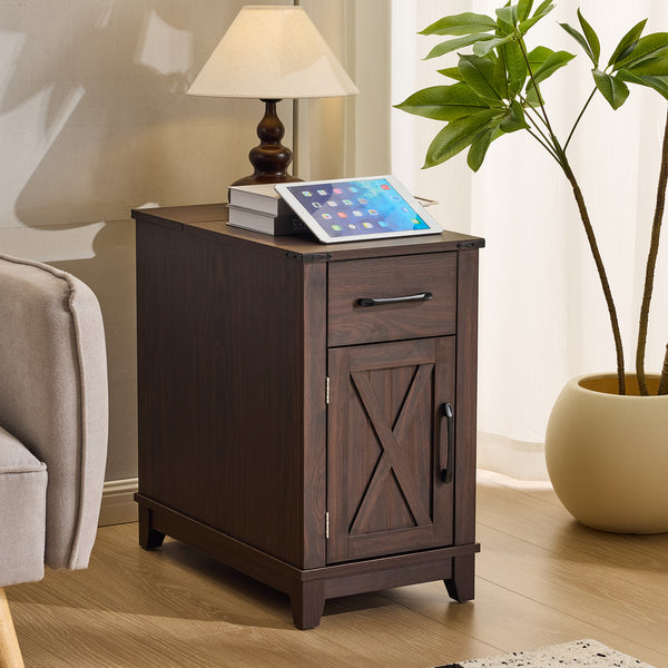 SOBREMESA Farmhouse End Table with Charging Station, Narrow Side Table for Living Room, Nightstand with Drawer and Storage Cabinet, Adjustable Shelf