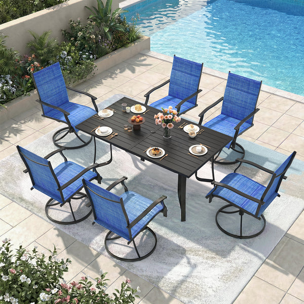 Richryce 7-Piece Outdoor Patio Dining Set, Metal Table with Umbrella Hole, 6-Person Patio Table and 6 Swivel Chairs for Garden