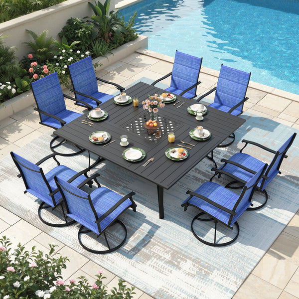 Richryce 9-Piece Outdoor Patio Dining Set, Metal Table with Umbrella Hole, 8-Person Square Patio Table and 8 Swivel Chairs for Garden