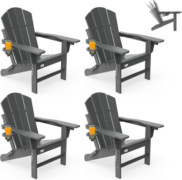 Richryce 3-Level Adjustable Adirondack Chair Set of 4, Wooden Textured, HDPE All-Weather Folding Fire Pit Chair with Cup Holder, Outdoor Chair for Poolside Deck Patio Garden Backyard Campfire