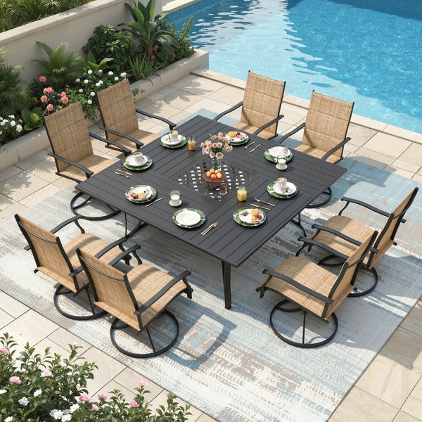 Richryce 9-Piece Outdoor Patio Dining Set, Metal Table with Umbrella Hole, 8-Person Square Patio Table and 8 Swivel Chairs for Garden