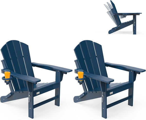 Richryce 3-Level Adjustable Adirondack Chair Set of 2, Wooden Textured, HDPE All-Weather Folding Fire Pit Chair with Cup Holder, Outdoor Chair for Beach Deck Patio Garden Backyard Campfire