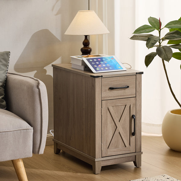 SOBREMESA Farmhouse End Table with Charging Station, Narrow Side Table for Living Room, Nightstand with Drawer and Storage Cabinet, Adjustable Shelf