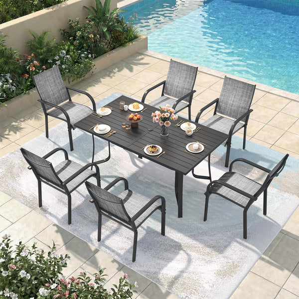 Richryce 7-Piece Outdoor Patio Dining Set - 6 Stackable Texlin Sling Chairs & 63" Table, Low-Maintenance Furniture for Garden, Includes Umbrella Hole