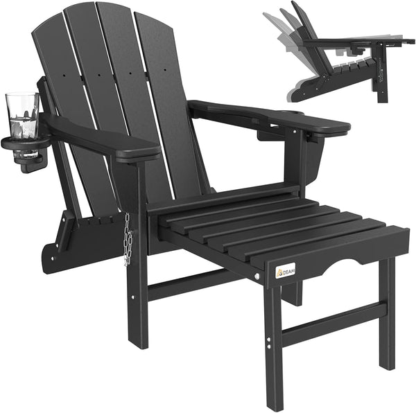 Richryce 3-Level Adjustable Adirondack Chair with Retractable Ottoman, HDPE All-Weather Folding Fire Pit Chair with 2 Cup Holders, Outdoor Chair for Deck Patio Garden Backyard Lawn