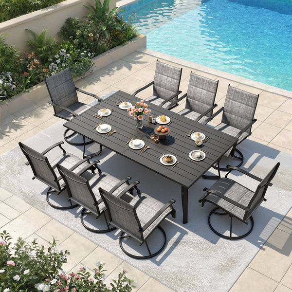 Richryce 9-Piece Outdoor Patio Dining Set, Metal Table with Umbrella Hole, 8-Person Patio Table and 8 Swivel Chairs for Garden