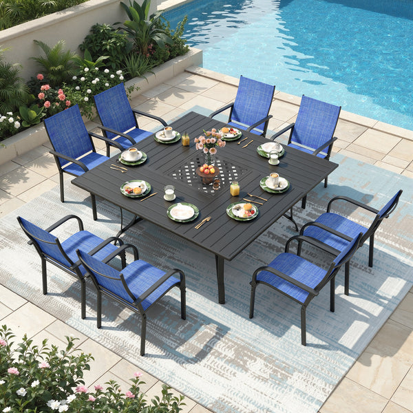 Richryce 9-Piece Patio Dining Table Set, Patio Table with Umbrella Hole, Square Metal Dining Table with 8 Textilene Dining Chairs for Garden