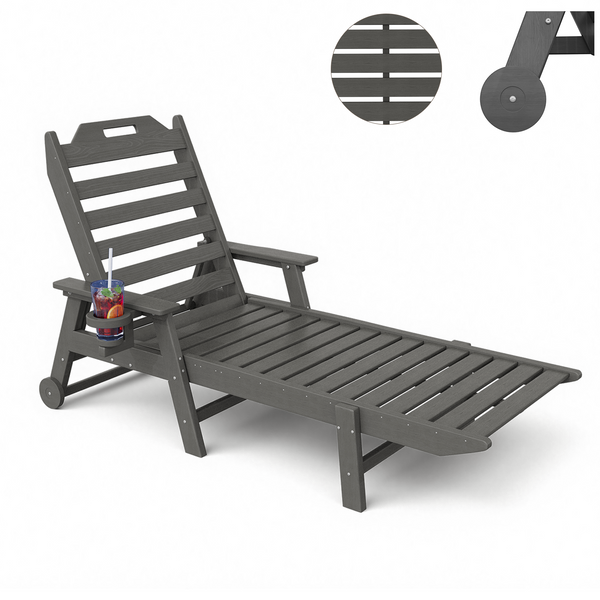 Richryce Lounge Chair Outdoor 22" W Oversized Chaise Lounge Chair with 6 Positions 500LBS Capacity HDPE All-Weather Patio Lounge Chair with Wheels and Cup Holder for Deck Poolside Backyard