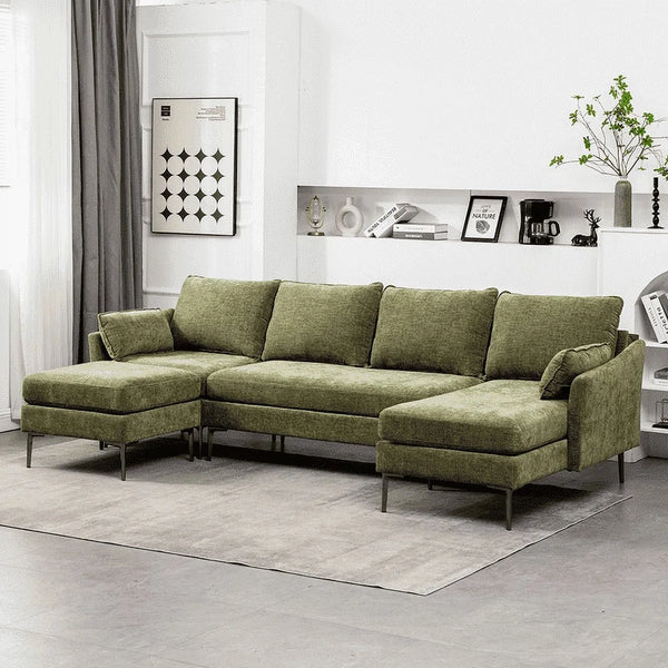 Mellcom U Shaped Sectional Sofa,Chenille Convertible Sectional Couch Ottman for Living Room,Green