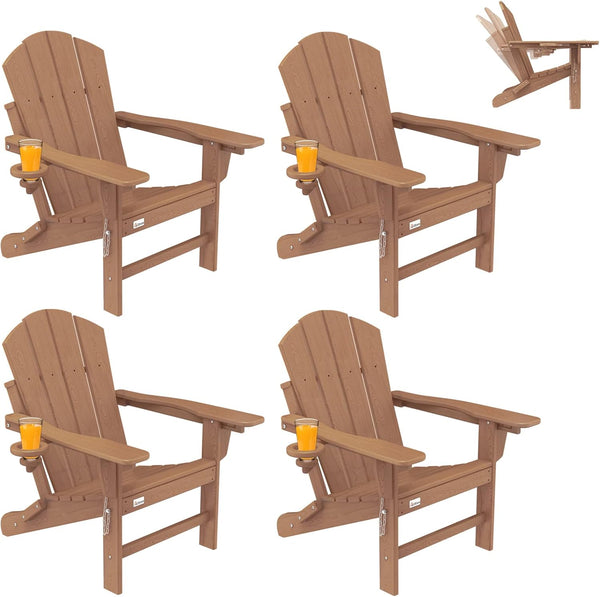 Richryce 3-Level Adjustable Adirondack Chair Set of 4, Wooden Textured, HDPE All-Weather Folding Fire Pit Chair with Cup Holder, Outdoor Chair for Poolside Deck Patio Garden Backyard Campfire