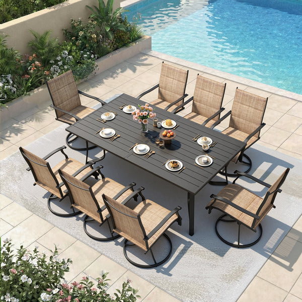 Richryce 9-Piece Outdoor Patio Dining Set, Metal Table with Umbrella Hole, 8-Person Patio Table and 8 Swivel Chairs for Garden