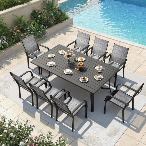 Richryce 9-Piece Outdoor Patio Dining Set with 8 Stackable Dining Chairs, Metal Table with Umbrella Hole, 8-Person Patio Table and Chairs for Backyard,