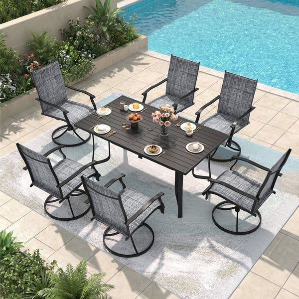 Richryce 7-Piece Outdoor Patio Dining Set, Metal Table with Umbrella Hole, 6-Person Patio Table and 6 Swivel Chairs for Garden