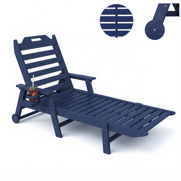 Richryce Lounge Chair Outdoor 22" W Oversized Chaise Lounge Chair with 6 Positions 500LBS Capacity HDPE All-Weather Patio Lounge Chair with Wheels and Cup Holder for Deck Poolside Backyard