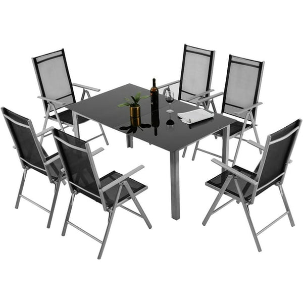 Erommy 7 Pieces Patio Dining Set Outdoor with Tempered Glass Table and 6 Foldable Chairs, Black