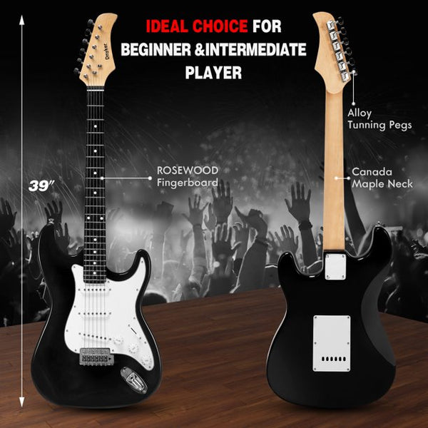 Erommy 39" Full-size Electric Guitar set, Complete Beginner Kit Solid-Body SSS Pickups with 20-Watt Amplifier, Stand, Tremolo Bar, Digital Tuner, Strap, Picks, Black