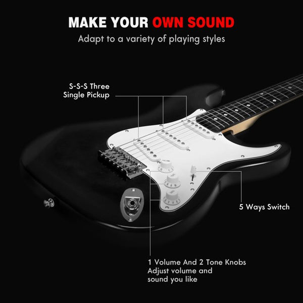 Erommy 39" Full-size Electric Guitar set, Complete Beginner Kit Solid-Body SSS Pickups with 20-Watt Amplifier, Stand, Tremolo Bar, Digital Tuner, Strap, Picks, Black