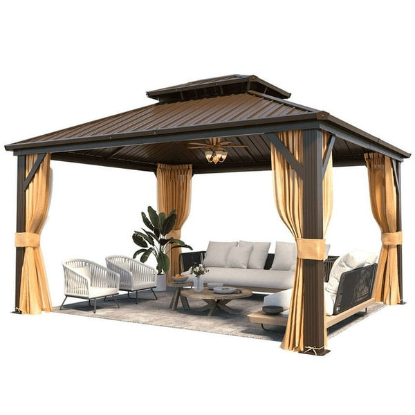 12'x14' Hardtop Gazebo with Galvanized Steel Double Roof & Aluminum Frame, Outdoor Gazebo with Premium Curtains and Nettings