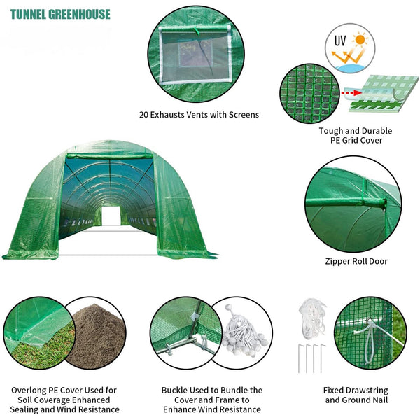 Yoleny 40' x 12' x 7.5' Greenhouse, Large Walk-in Greenhouse with 2 Roll-up Zippered Doors&20 Screen Windows for Outside Heavy Duty Winter, Green