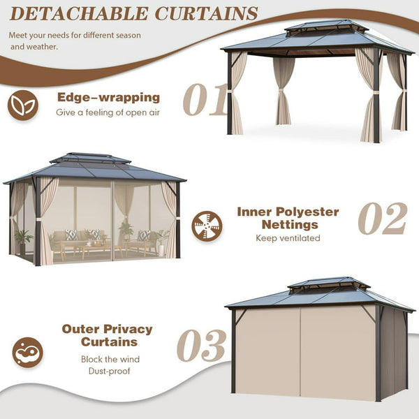 Hommow 10'x13' HardTop Double Roof Gazebo, Outdoor Polycarbonate Patio Gazebo with Aluminum Frame,Curtain