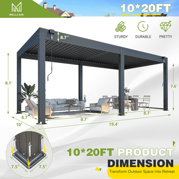 Mellcom 10'×20' Louvered Pergola with Pull-Down Privacy Screen, Hardtop Aluminum Rainproof Pergola for Patio, Dark Gray