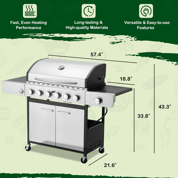 Erinnyees 6-Burner Propane Gas Grill Stainless Steel with Side Burner, Outdoor Cooking BBQ Grills Cabinet