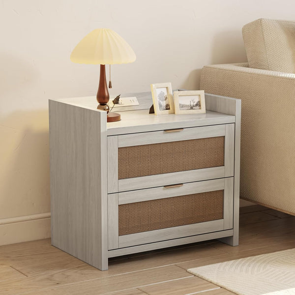 EROMMY Rattan Nightstand with 2 Storage Drawers, Boho End Table with Charging Station, Modern Night Stand with Gold-Finished Handles, Dresser for Bedroom, Study, Living Room (1 Piece)