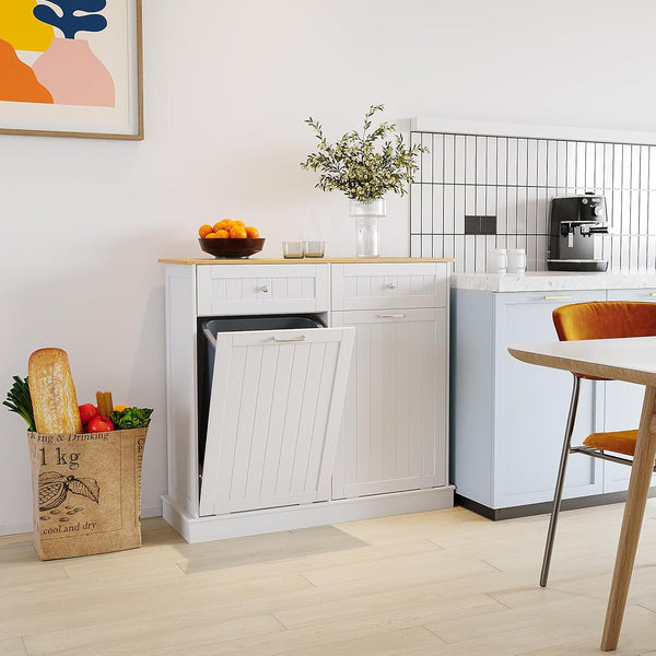 SOBREMESA Double Tilt-Out Trash Can Cabinet, 20 Gallon Freestanding Kitchen Garbage Holder with 2 Drawers & Cutting Board, Pet-Proof