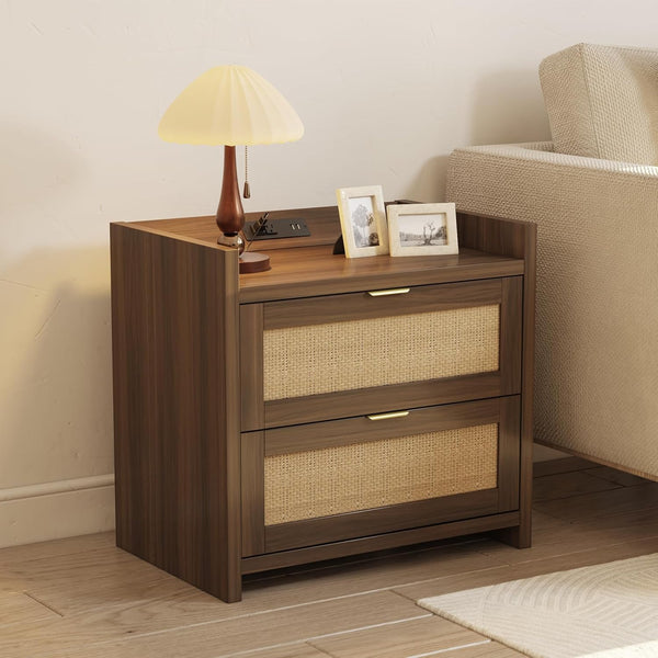 EROMMY Rattan Nightstand with 2 Storage Drawers, Boho End Table with Charging Station, Modern Night Stand with Gold-Finished Handles, Dresser for Bedroom, Study, Living Room (1 Piece)
