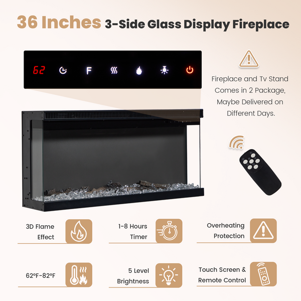 MELLCOM 70" 3 Sided Glass Fireplace TV Stand, Modern Media Console with Storage Side Cabinet, Fits TVs up to 80", Electric Fireplace TV Stand，Walnut Color