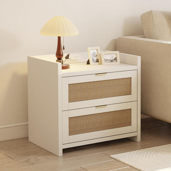 EROMMY Rattan Nightstand with 2 Storage Drawers, Boho End Table with Charging Station, Modern Night Stand with Gold-Finished Handles, Dresser for Bedroom, Study, Living Room (1 Piece)