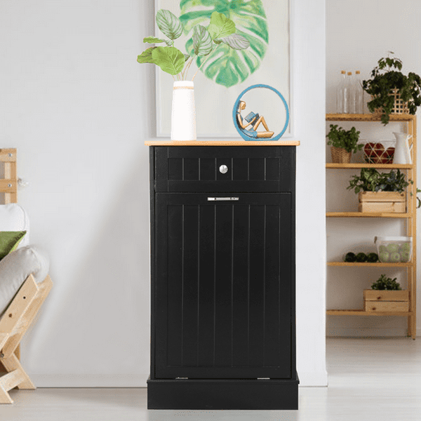 EROMMY Tilt Out Trash Cabinet, Wooden Kitchen Trash Can Free Standing Waste Bin, Recycling Hideaway Garbage Can Holder with Drawer and Removable Bamboo Cutting Board, Black